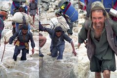 24 Porters Cross The Swollen River Descending From Paiju Glacier